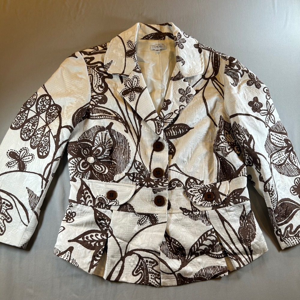 Cache Silk Blend Floral Blazer Jacket White Brown Jacquard Peplum Sz 10 Vtg Y2K